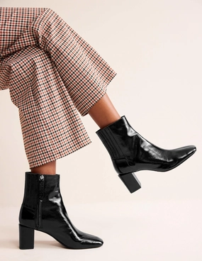 Block-Heel Leather Ankle Boots-Black Patent