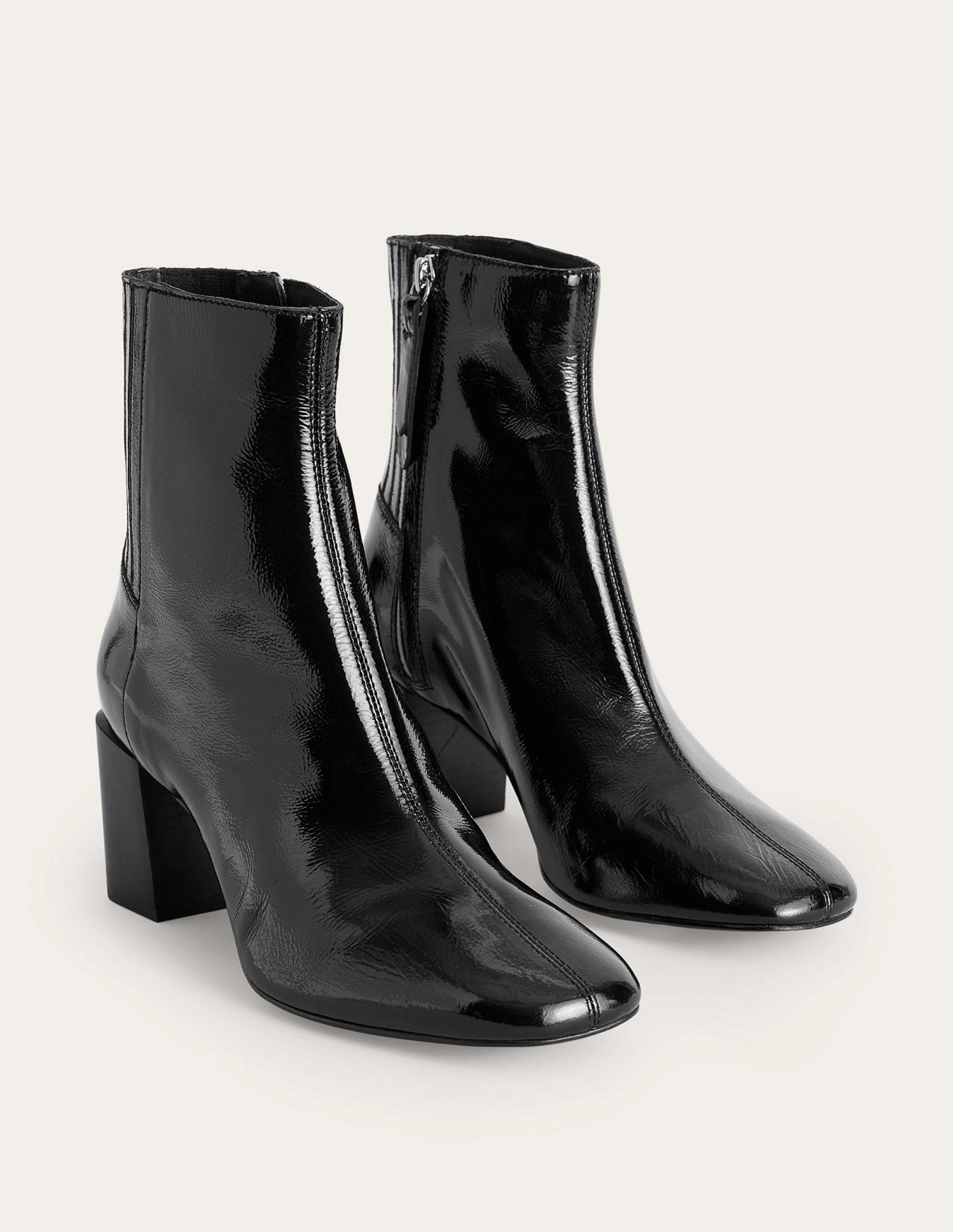 Block-Heel Leather Ankle Boots-Black Patent