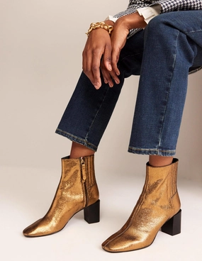 Block-Heel Leather Ankle Boots-Gold Crinkle metallic Leather