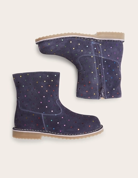Cosy Short Leather Boots-College Navy Rainbow Spots