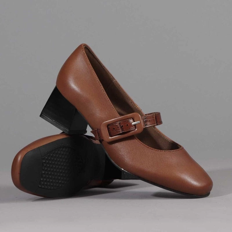 Mary Jane Block Heel Court in Chestnut- 12606