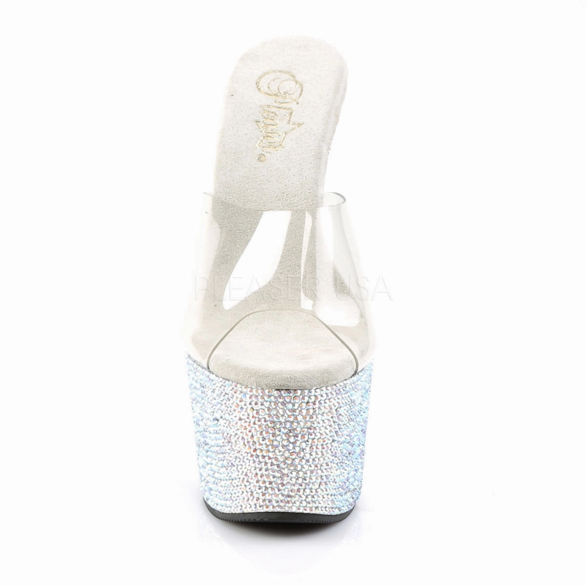 PLEASER BEJEWELED-701DM Clear-Silver Multi Rhinestone Platform Slides
