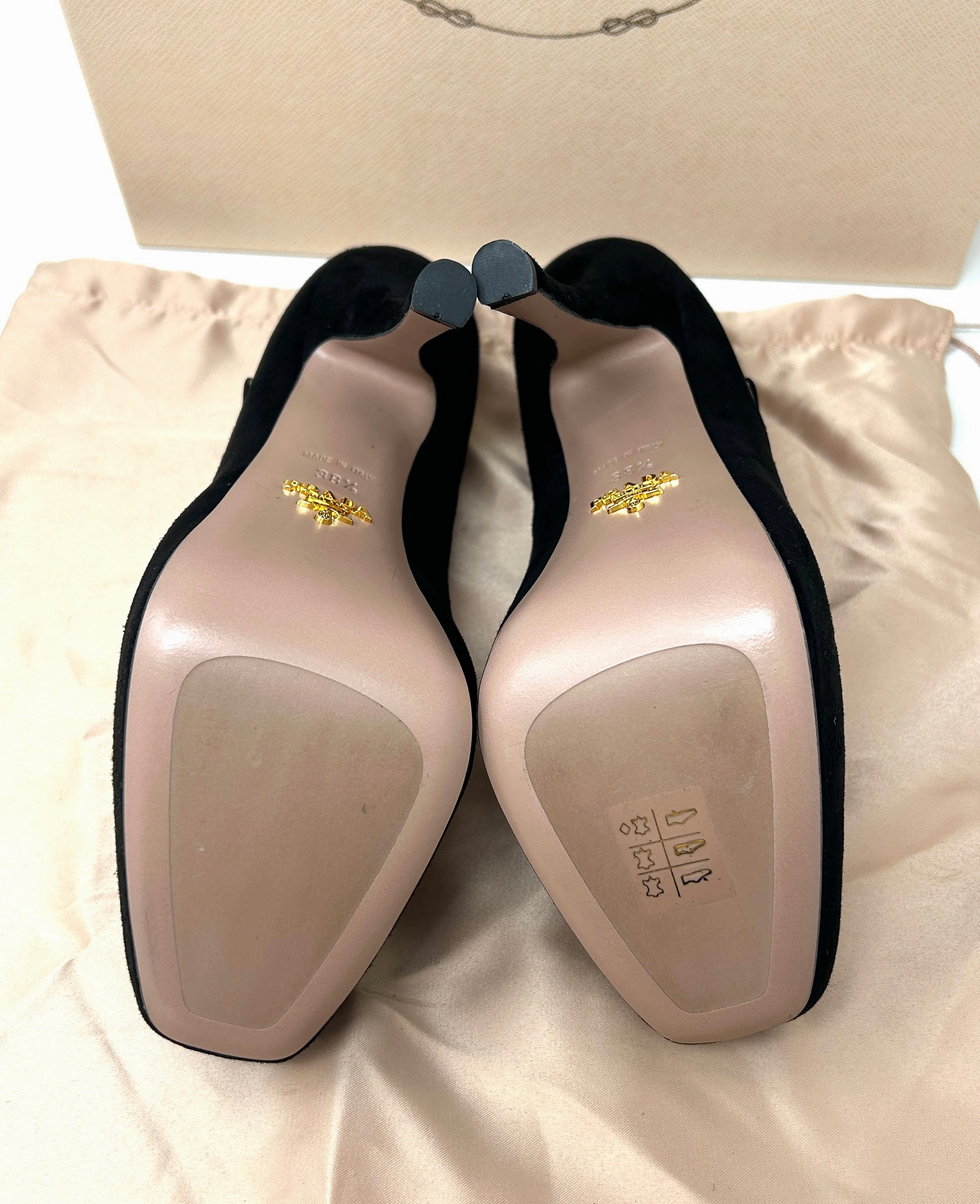 Prada Camoscio Basic Black Suede Mary Jane Platform Heels 38.5 UK 5.5